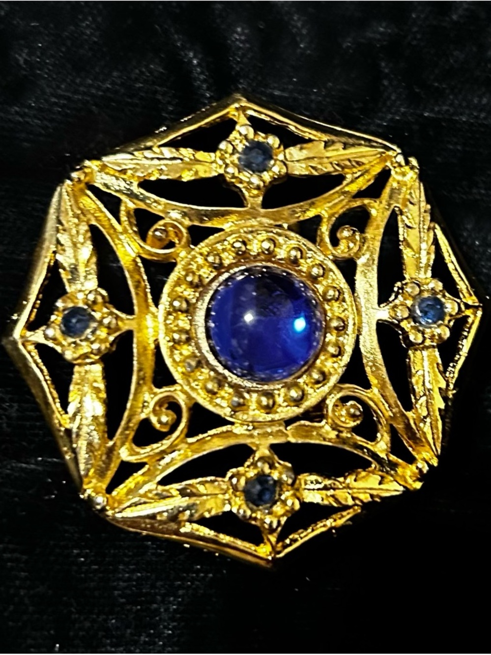Gold-Tone Blue Cabochon Floral Brooch - Women Jewelry